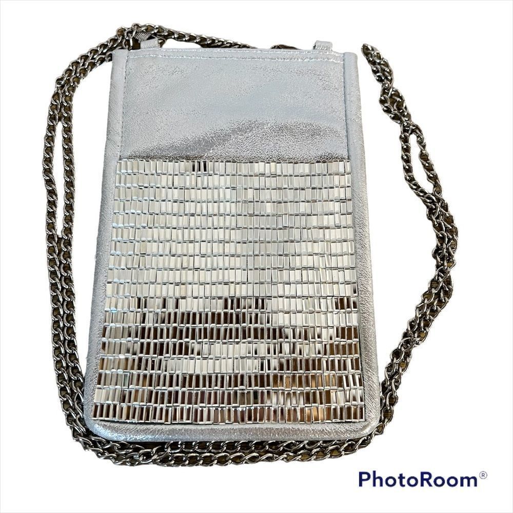 Nina New York Silver Sequin Chain Phone Crossbody Bag Wedding Party Purse